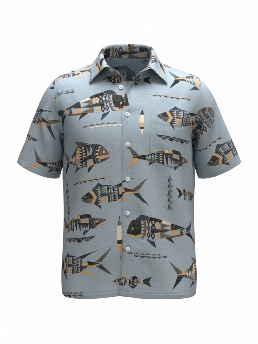 Quiksilver Light Blue Fish Print Short-Sleeve Button-Down Shirt